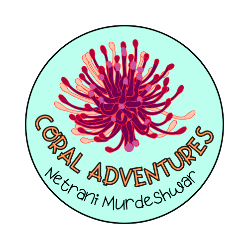 Circular logo for Coral Adventures Netrani Murdeshwar, featuring a stylized, vibrant red and purple coral illustration at the center. The background is light turquoise, with 'CORAL ADVENTURES' written in a bold, curved, orange and brown font at the top and 'Netrani Murdeshwar' in a smaller, black, handwritten-style font at the bottom